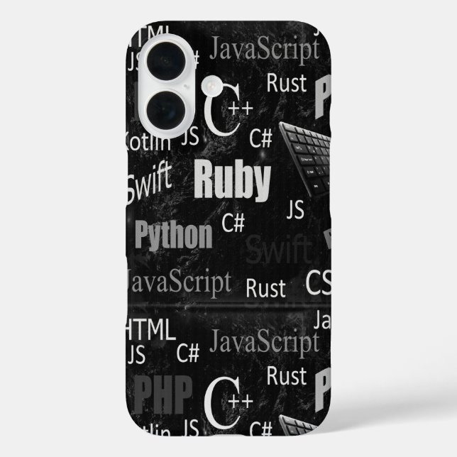 Funda iPhone 16 Lenguas de programación en blanco y negro (Reverso )