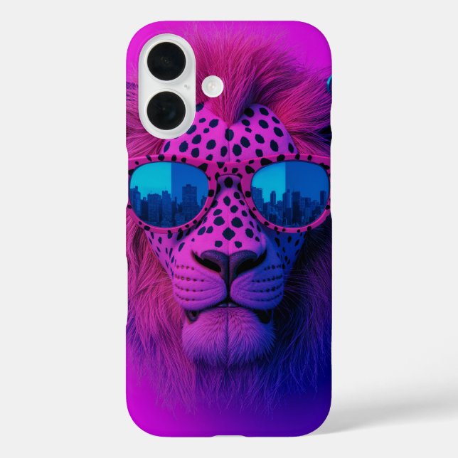 Funda iPhone 16 León de arte pop neón que lleva gafas de sol azule (Reverso )