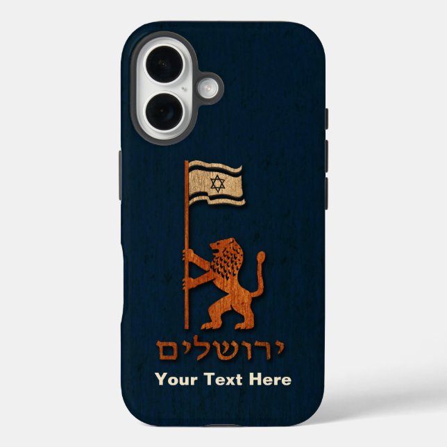 Funda iPhone 16 León del Día de Jerusalén con bandera (Reverso )