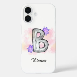 Funda iPhone 16 Letra acuarela B con flores moradas