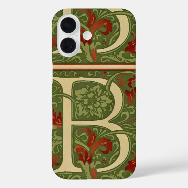 Funda iPhone 16 Letra de monograma de William Morris B Floral Rojo (Reverso )