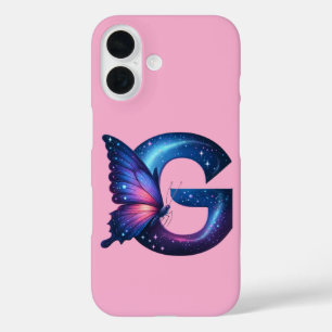 Funda iPhone 16 Letra galaxia mariposa "G" monograma sobre rosado