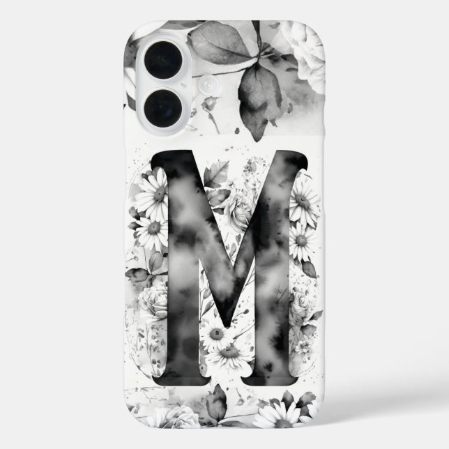 Funda iPhone 16 Letra negra y blanca M Elegante acuarela floral (Reverso )