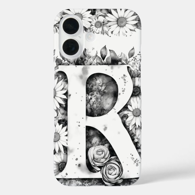 Funda iPhone 16 Letra negra y blanca R Elegante acuarela floral (Reverso )