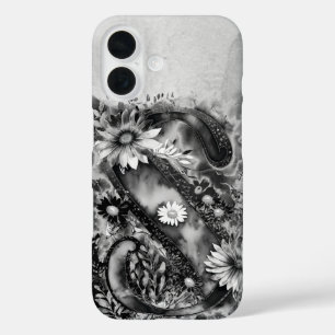 Funda iPhone 16 Letra negra y blanca S color de agua floral trippy