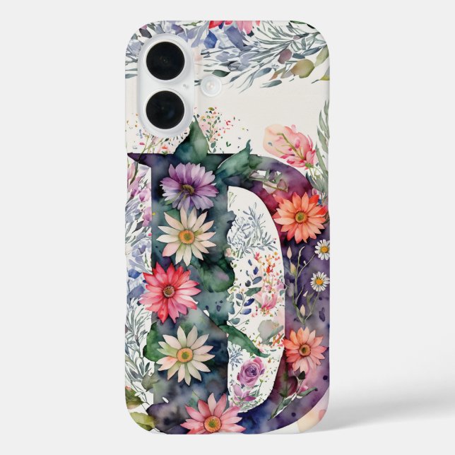 Funda iPhone 16 Letra personalizada D Elegante acuarela floral (Reverso )