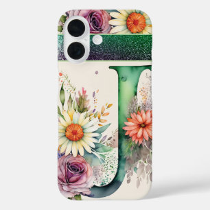 Funda iPhone 16 Letra personalizada J Elegante acuarela floral
