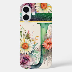 Funda iPhone 16 Letra personalizada J Elegante acuarela floral