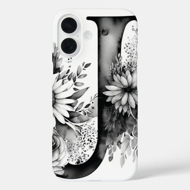 Funda iPhone 16 Letra personalizada J Elegante acuarela floral (Reverso )