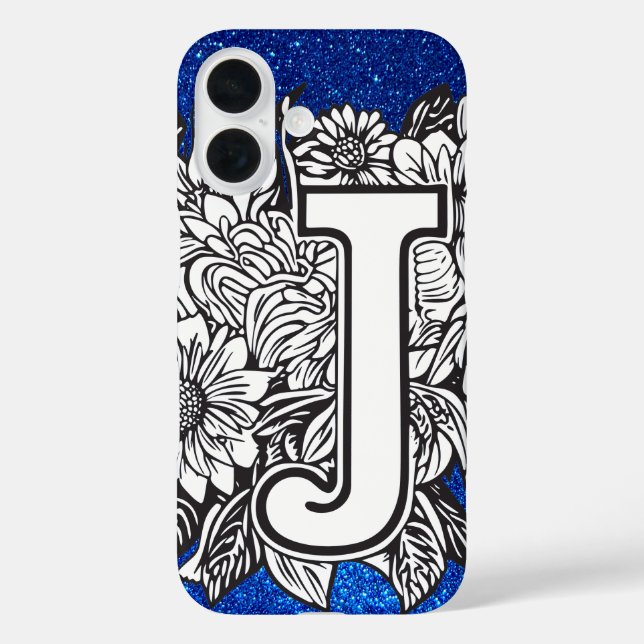 Funda iPhone 16 Letra personalizada J Elegante Purpurina floral (Reverso )