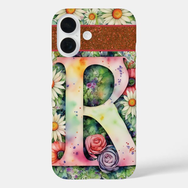 Funda iPhone 16 Letra personalizada R Elegante acuarela floral