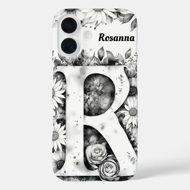Funda iPhone 16 Letra personalizada R Elegante acuarela floral (Reverso )