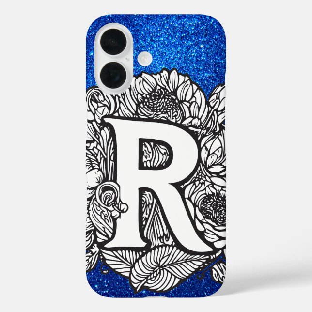 Funda iPhone 16 Letra personalizada R Elegante Purpurina floral (Reverso )