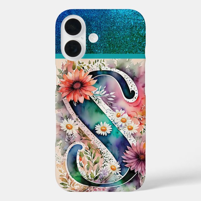 Funda iPhone 16 Letra personalizada S Elegante acuarela floral (Reverso )