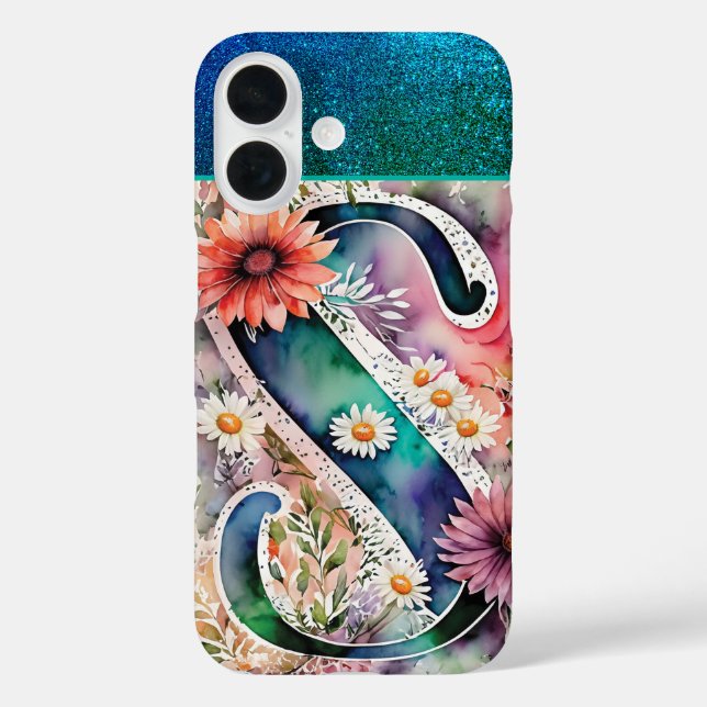 Funda iPhone 16 Letra personalizada S Elegante acuarela floral (Reverso )