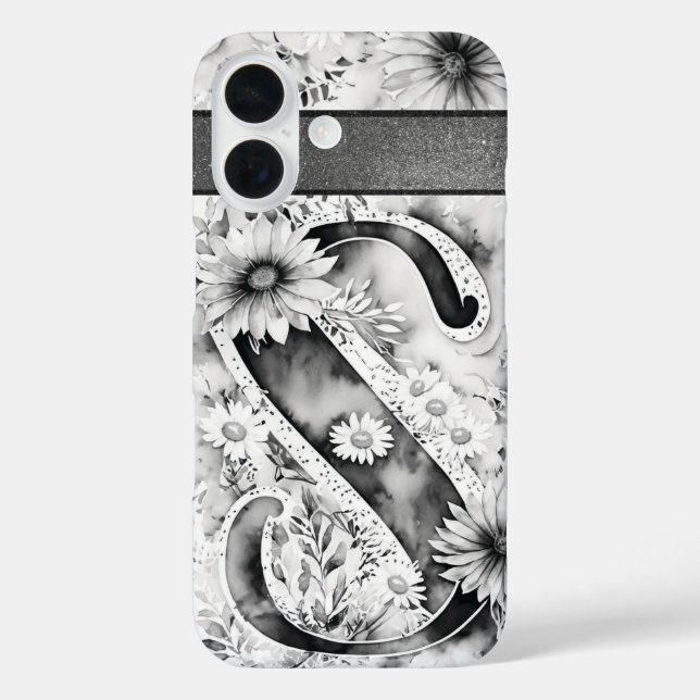 Funda iPhone 16 Letra personalizada S Elegante acuarela floral (Reverso )