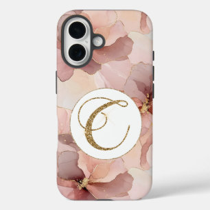 Funda iPhone 16 Letra Purpurina de oro floral rosa de Rubor C
