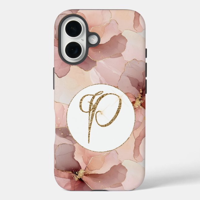 Funda iPhone 16 Letra Purpurina dorada floral rosa de Rubor P (Reverso )