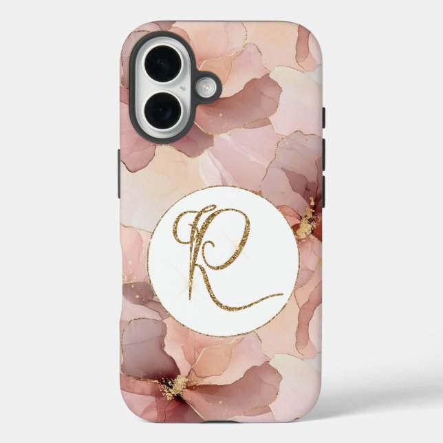 Funda iPhone 16 Letra Purpurina dorada floral rosa de Rubor R (Reverso )
