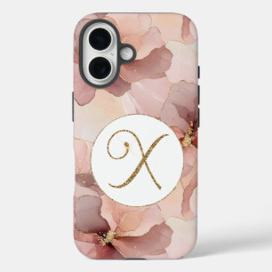 Funda iPhone 16 Letra Purpurina dorada floral rosa Rubor X