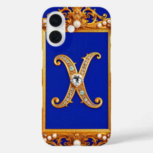 Funda iPhone 16 Letra X dorada ornamentada con joyas