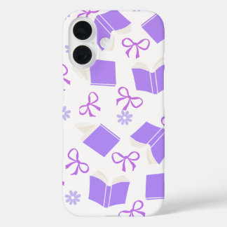 Funda iPhone 16 Libros Morados Soñadores y Patrón de Lazos
