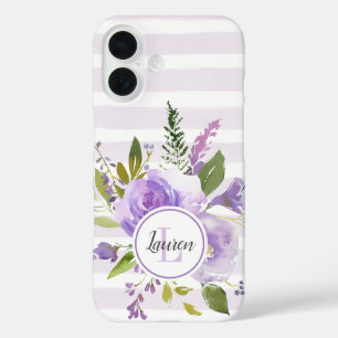 Funda iPhone 16 Lila Floral y Monograma de Rayas