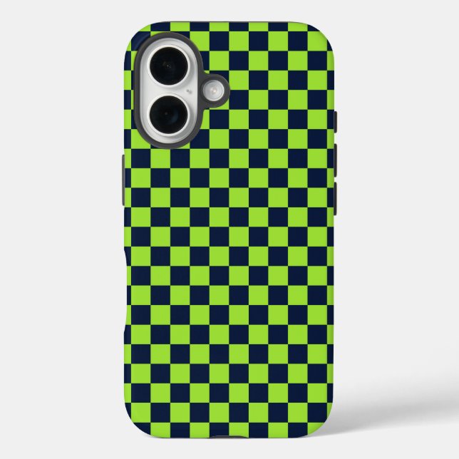 Funda iPhone 16 Lime and navy checkerboard pattern (Reverso )