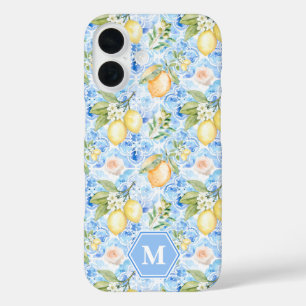 Funda iPhone 16 Limoncello Monograma Nombre Baldosa Azul Mediterrá
