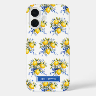 Funda iPhone 16 Limoneros con flores azules monogramados al aguare