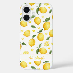 Funda iPhone 16 Limoneros con Monograma de Corazones en Acuarela