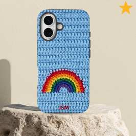 Funda iPhone 16 Lindo arcoíris de ganchillo personalizado con inic