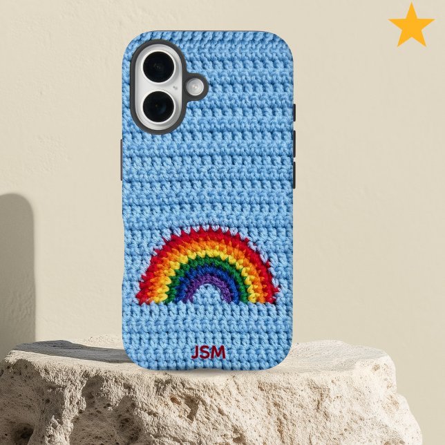 Funda iPhone 16 Lindo arcoíris de ganchillo personalizado con inic (Subido por el creador)