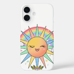 Funda iPhone 16 Lindo Kawaii Feliz Sol Brillante Arcoíris Pastel V
