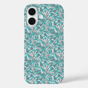 Funda iPhone 16 Lindo patrón floral continuo gris aqua