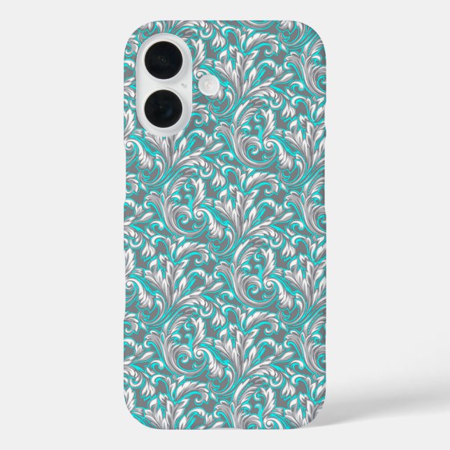 Funda iPhone 16 Lindo patrón floral continuo gris aqua (Reverso )