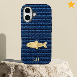 Funda iPhone 16 Lindo Pez de Ganchillo Azul con Nombre Personaliza