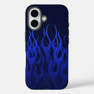 Funda iPhone 16 Llamas de carreras azules en impresión de fibra de