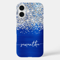 Llamativo Glitter Plateado Azul Real Glam Nombre
