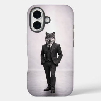 Funda iPhone 16 Lobo Elegante en Retrato de Traje Clásico