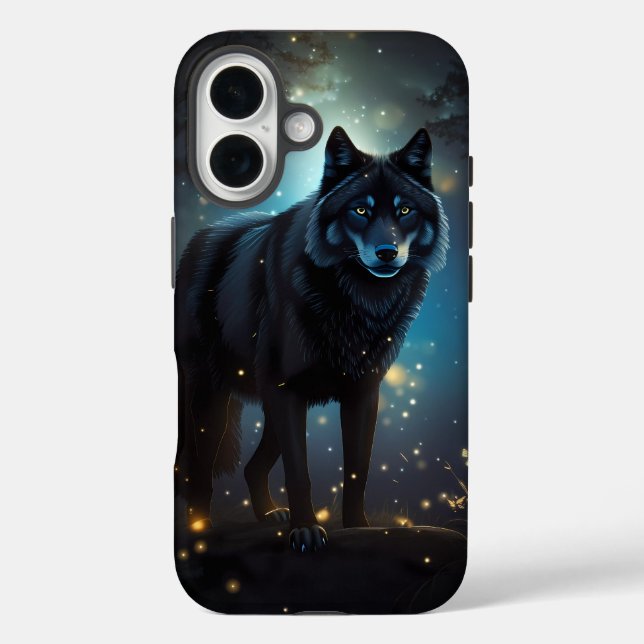 Funda iPhone 16 Lobo negro oscuro y misterioso (Reverso )
