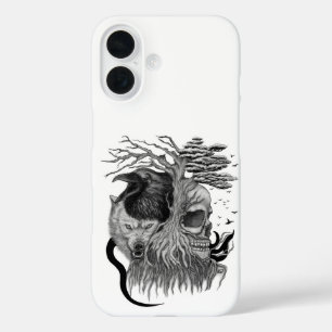 Funda iPhone 16 Lobo y Cuervo con Calavera
