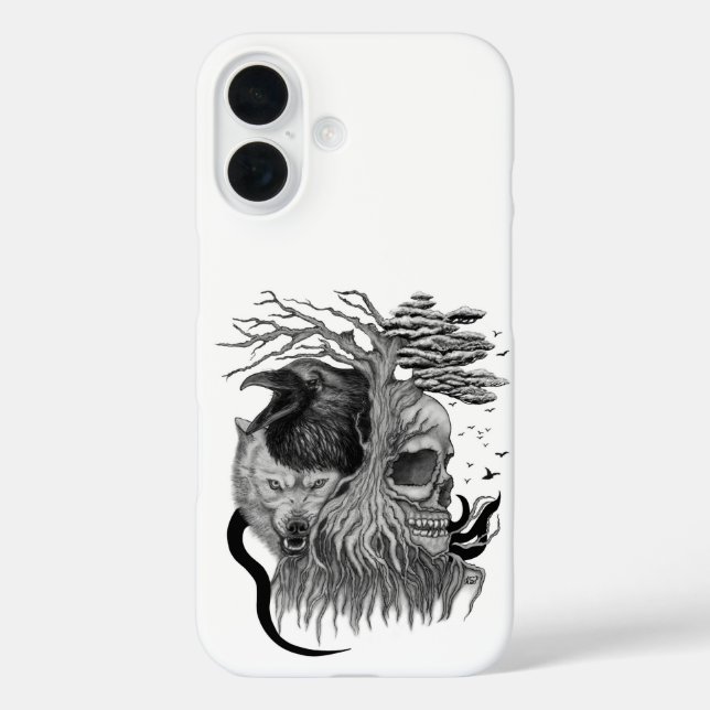 Funda iPhone 16 Lobo y Cuervo con Calavera (Reverso )