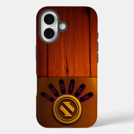 Funda iPhone 16 Logo dorado sobre fondo de madera rica