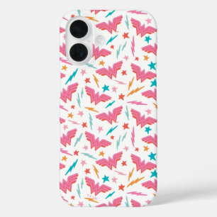 Funda iPhone 16 Logotipo rosa de Wonder Woman y patrón de relámpag