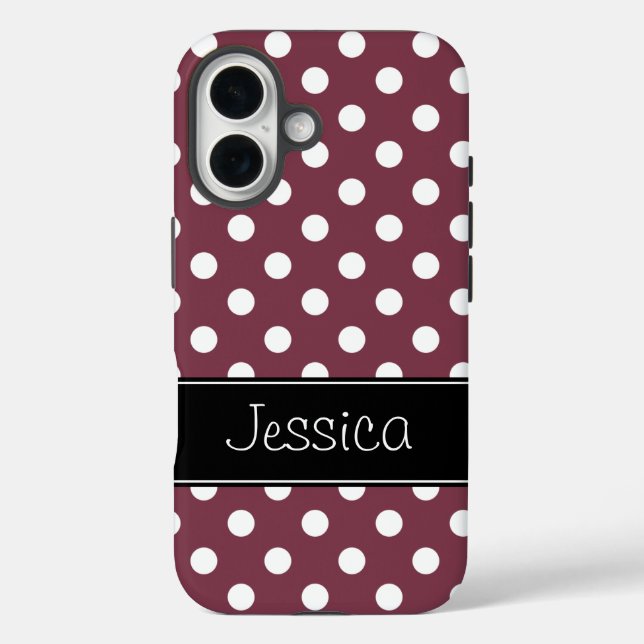 Funda iPhone 16 Los puntos de polka blanco y borgoña de adormidera (Reverso )