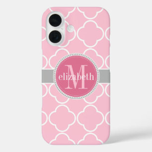 Funda iPhone 16 Lt Rosa Rosa   Monograma del trébol de quatrefoil