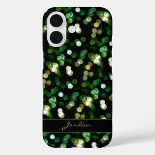 Funda iPhone 16 Luces de esmeralda verde y oro con nombre
