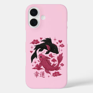 Funda iPhone 16 Lucky Koi Yin-Yang Embroidery | Black & Pink Aesth
