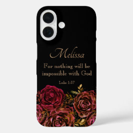 Funda iPhone 16 Luke 1:37 Biblia Verse Black Red Roses Floral